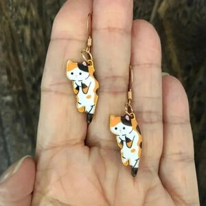 Orange Black & White Calico Tortie Tabby Kitty Cat Gold Enamel Earrings NWT